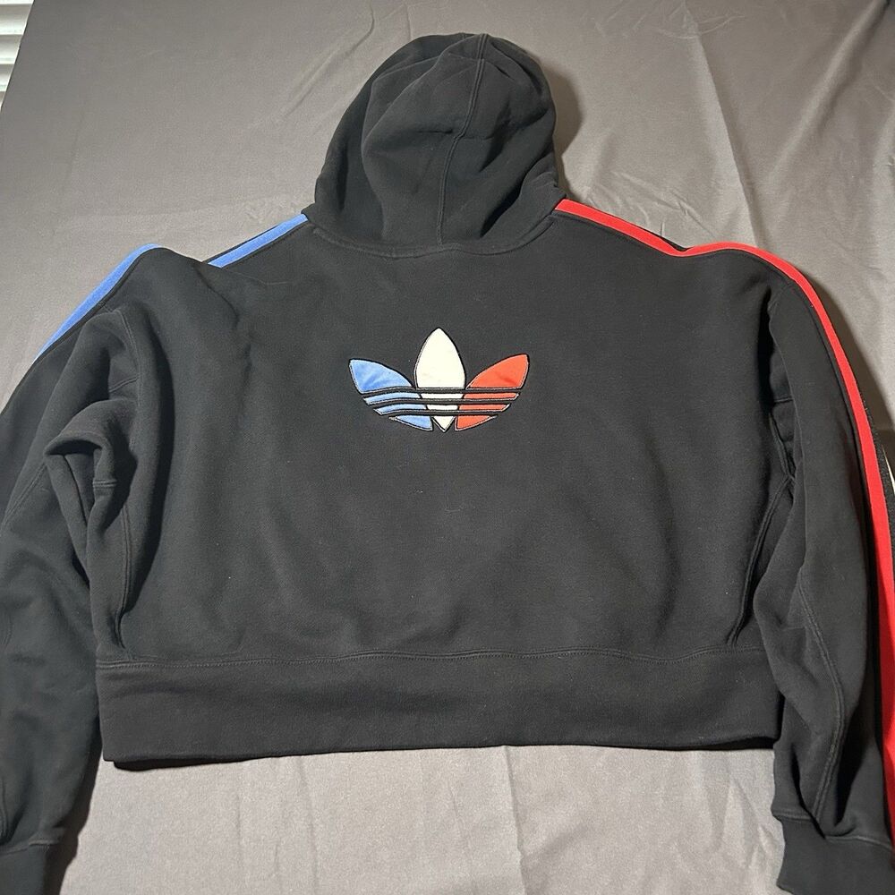 Adidas Originals Trefoil Crop Hoodie Black Red Blue Stripe Trim Women’s Size M - Picture 6 of 7